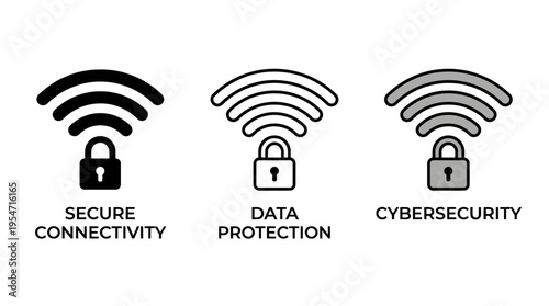 Minimalist Wi-Fi with padlock icons, solid, grayscale styles, symbolizing secure connectivity, data protection, cybersecurity, privacy, encrypted communication.