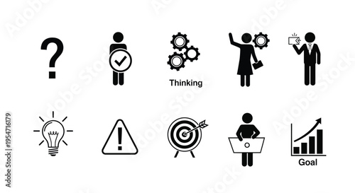 A comprehensive vector illustration showcasing various business concepts, problem-solving, ideas, and goal achievement icons.