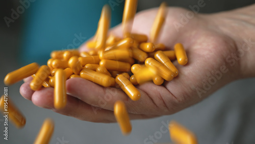 A Heap Of Capsules Pills Fall Into The Hand. A Lot Of Yellow Tablets. Close-up. A person's hand holds a pile of yellow pills and capsules. Blurred background.
