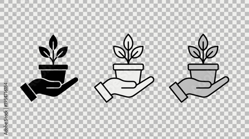 Minimalist hand holding potted plant icons, solid, outline, grayscale styles, symbolizing growth, nurturing, environment, sustainability, eco-friendly care.
