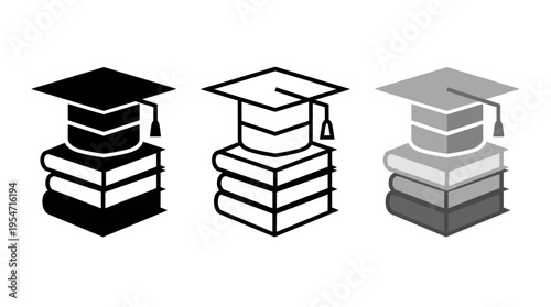 Minimalist graduation cap and books icons, solid, outline, shaded styles, symbolizing education, learning, achievement, schools, universities, academic success.