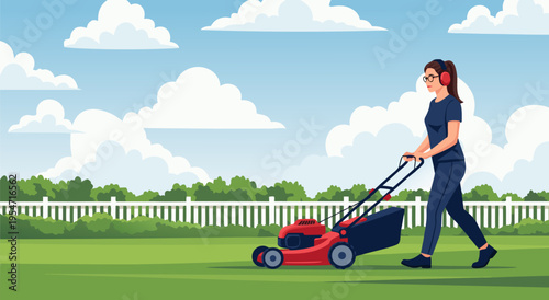Person wearing headphones mowing the lawn in this vector illustration of suburban lifestyle