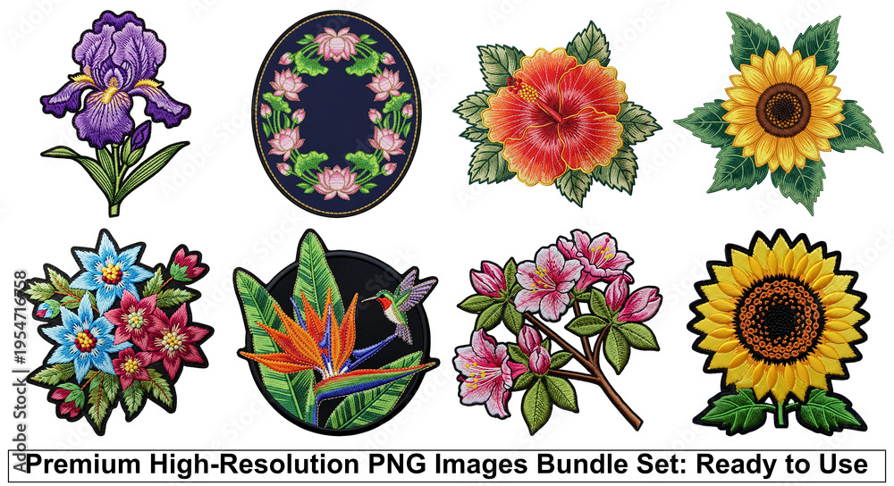 Fototapeta premium Colorful flower patches bundle isolated on a transparent background