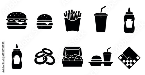 A collection of black silhouette icons representing fast food items including burgers, fries, drinks, chicken nuggets, onion rings, and ketchup bottles on a white background.