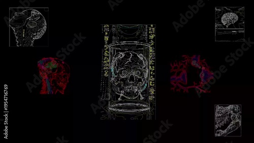 Futuristic cyberpunk cyberpunk skull hologram. Cyberpunk biotechnology digital cyber DNA implants.