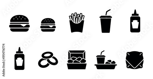 A collection of black glyph icons representing various fast food items on a white background, ideal for menus, apps, and websites.