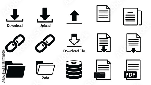 Vector icon sheet of various file types and data transfer symbols