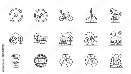 Vector icon sheet illustrating eco friendly lifestyle with various sustainable symbols