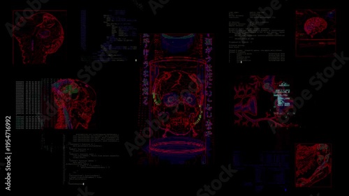 Cyberpunk skull hologram with cyber implants and digital interface. Cyberpunk 3D skull scanning cyber implants vessels.