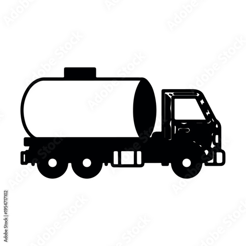 Black and white line art of tanker truck transporting liquid cargo on flatbed trailer