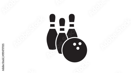 Bowling pins and ball icon with three white circles on black surface representing game. featuring sport, recreation, leisure with activity and strike