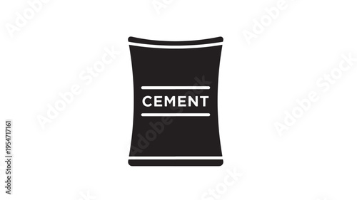 Bag of cement icon with horizontal lines and the word cement in white text on a black background. featuring construction material, building supplies,