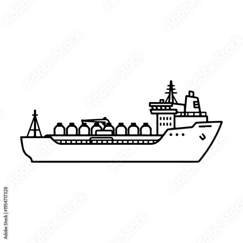 line art cargo ship with containers and cranes on calm sea vector illustration