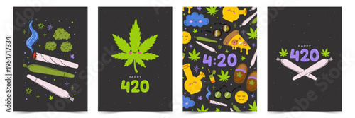 Happy 420 Cannabis Poster Set with Marijuana Leaves, Joints, Pizza, Cookies and Bong. Kawaii Hand Drawn Vector Illustrations for Weed Culture