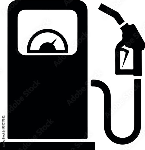 Minimalist black and white gas pump icon with fuel nozzle on isolated background for energy and transportation design