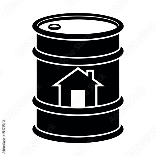 minimalist black oil barrel with white house icon symbolizing real estate or home energy concept