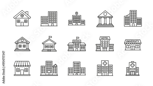 Vector icon sheet of various buildings and structures