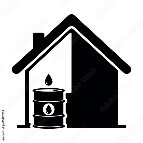 Minimalist home heating oil tank illustration with smoke from chimney in cozy house outline