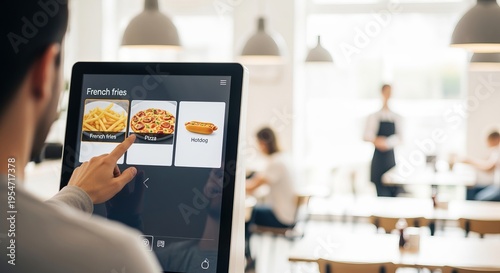 Person Ordering Food at Interactive Kiosk for Fast Services in Modern Catering Experience