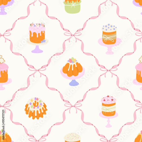 Seamless Easter pattern with traditional cakes paska and kulich decorated with flowers and pink ribbons in hand drawn doodle style. Vector light background for nursery textile and wrapping paper