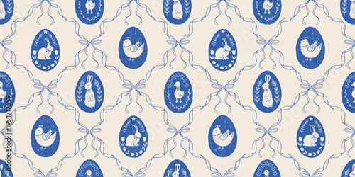 Cute vintage Easter seamless pattern with eggs, geese, birds, bunny,  ribbon frames and bows in whimsical doodle hand drawn style. Vector design for print, wrapping paper, fabric, wallpaper, textile