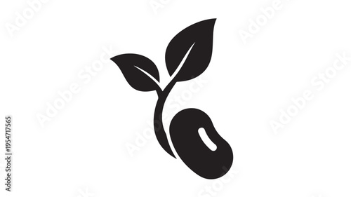Seedling icon with two small leaves and a bean, representing growth and new beginnings in a simple black silhouette style.