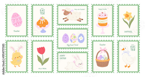 Easter postage stamp collection with cute bunnies sheep chick and traditional cakes in hand drawn doodle style. Vector vertical design set for holiday greeting cards scrapbooking and stickers