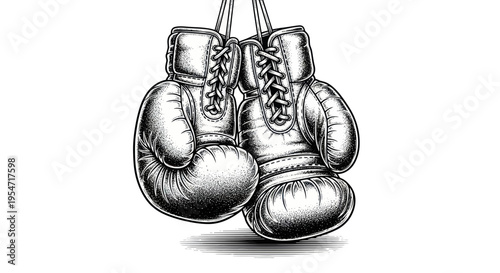 Vintage Boxing Gloves Hanging on White Background, Retro Fight Gear
