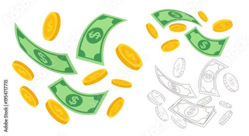 Flying Dollar Bills and Gold Coins, Money Falling Down, Financial Success Concept