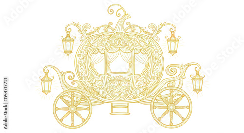 Golden Pumpkin Carriage, Cinderella Fairy Tale, Royal Transport, Fantasy Vector Art