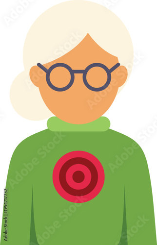 Elderly female user profile wearing glasses and green sweater