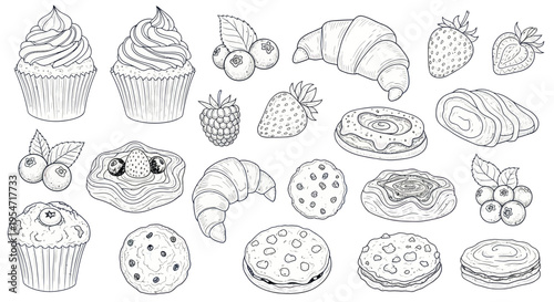 Hand-Drawn Bakery Assortment: Croissants, Muffins, Cookies, Berries, and Pastries
