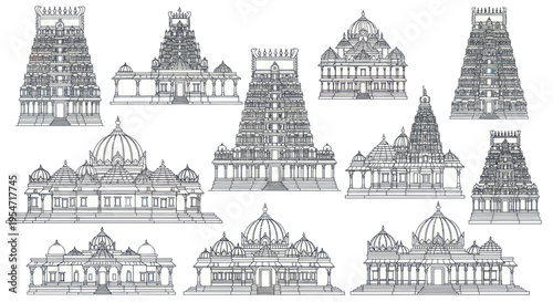 Indian Temples Collection: Intricate Line Art of Hindu Architecture