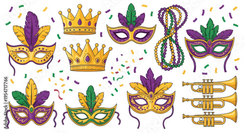 Mardi Gras Masks, Crowns, Beads, and Trumpets with Confetti