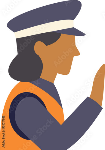 Woman traffic officer wearing uniform and safety vest, signaling to stop