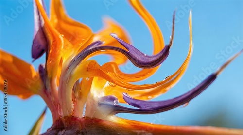 Vibrant Bird of Paradise Flower Macro with Water Droplets Against Blue Sky