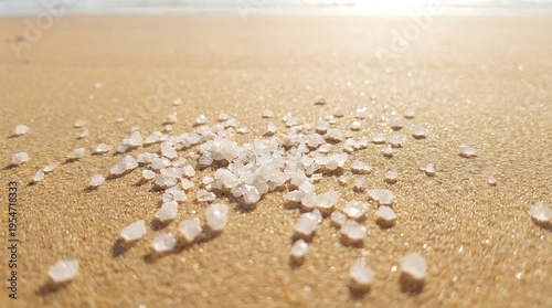 Macro Shot of Natural Sea Salt Crystals on Golden Sandy Beach
