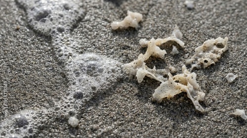 Macro Shot of Sea Foam and Organic Marine Debris on Wet Sandy Beach