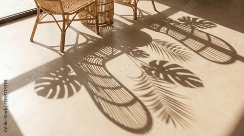 Tropical Leaf Shadows on Beige Floor with Rattan Furniture Interior