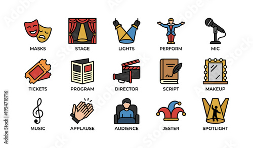 Theater icons set: masks, stage, lights, performance, microphone, tickets, program