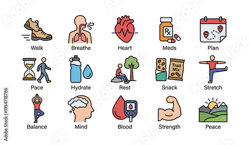 Health and wellness icons depicting exercise, nutrition, and relaxation