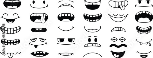 Cartoon mouth expression set with funny faces, emoji style lips, smile icons, character design elements, vector illustration collection isolated