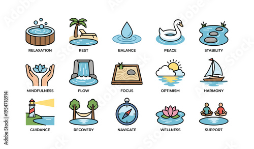 Symbols of relaxation and wellness: serenity, peace, and balance illustrated