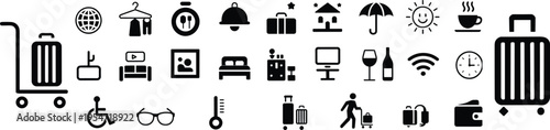 Black silhouette travel and lifestyle icons set including luggage, hotel, home, technology, accessibility, communication, weather, food, symbols collection