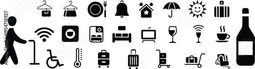  Black silhouette lifestyle icons set including travel, home, technology, accessibility, weather, communication, food, luggage, business, symbols collection vector design