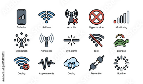 Healthcare management icons: disease, monitoring, adherence, diet, prevention