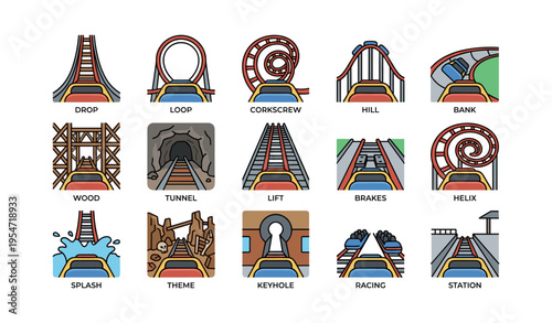 Amusement park roller coaster elements icons set
