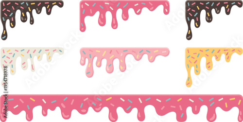 Dripping icing glaze set with colorful sprinkles, sweet dessert topping, cake decoration design, cute bakery illustration vector collection background
