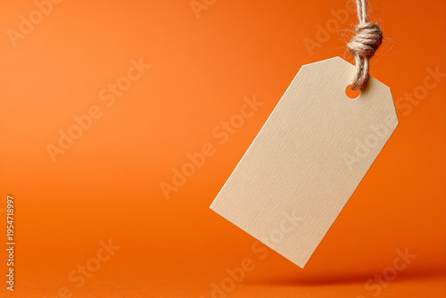 Blank cream-colored paper price tag hanging by a rustic jute rope against a vibrant orange background, ideal for retail branding.