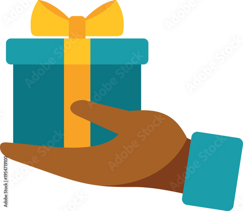 Hand holding and offering a wrapped present, symbolizing sharing and charity